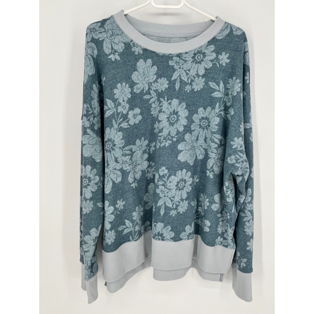 TIME AND TRU Sweatshirt Women XXL Blue Floral Pullover Ribbed Trim